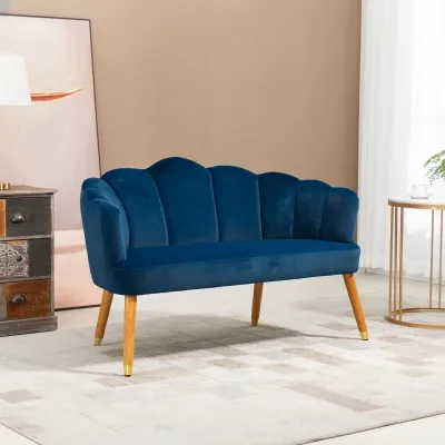 2-Sitzer Sofa im Retro-Design, Holzbeine, Velvet-Touch Dunkelblau