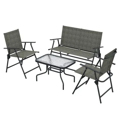 4-tlg. Gartenmöbel-Set, 2-Sitzer, 2 Klappstühle, Tisch, Metallrahmen, Grau+Braun