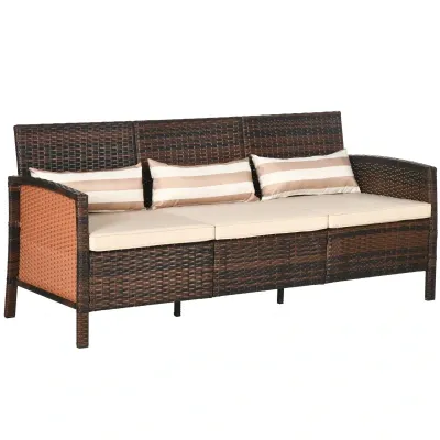 Rattan Sofa mit Kissen, Dreisitzer, Garten Loungesofa, Braun, 173 x 68 x 78 cm