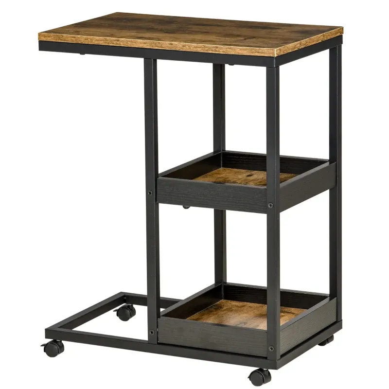 Beistelltisch, Nachttisch mit Rädern für Sofa oder Bett, Industriestil, Braun und Schwarz Beistelltisch, Nachttisch mit Rädern für Sofa oder Bett, Industriestil, Braun und Schwarz