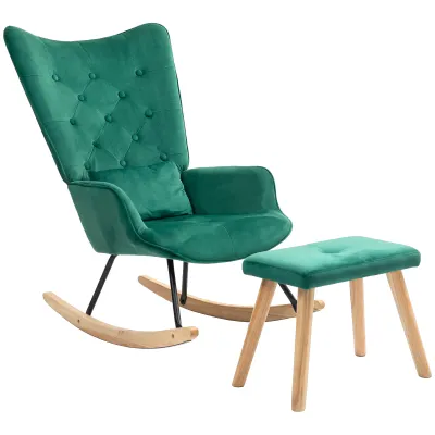 Schaukelstuhl mit Hocker, gepolstert, hohe Rückenlehne, Samtoptik, bis 150 kg, Grün