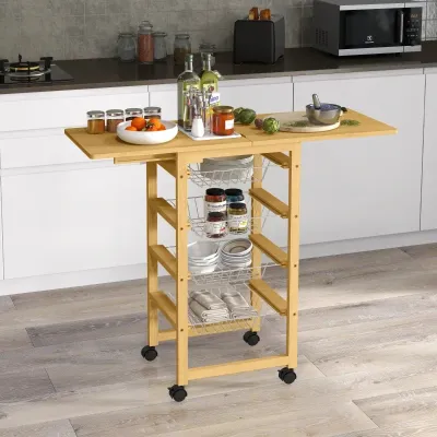 Küchenwagen mit 4 Aufbewahrungskörben, ausziehbarer Tischplatte, 4 Rollen, Bambus, Gemüsehorde Natur