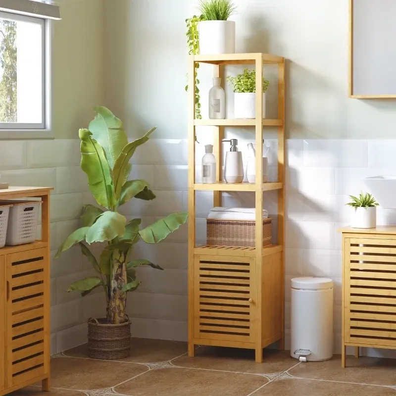 Badregal, Badezimmerschrank, schmal &amp; hoch, Lamellentür, Bambus