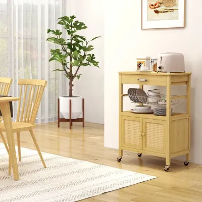 Küchenwagen aus Bambus, Mehrzweckwagen, Servierwagen, 1 Edelstahlkorb, 1 Schublade, 1 Schrank, Natur Küchenwagen aus Bambus, Mehrzweckwagen, Servierwagen, 1 Edelstahlkorb, 1 Schublade, 1 Schrank, Natur