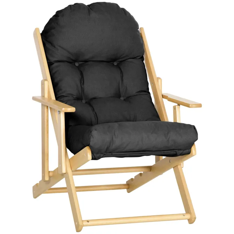 Fauteuil/Relaxsessel aus Holz, klappbar &amp; 3‑fach verstellbar – dick gepolstertes Steppkissen, Schwarz, 71B x 89T x 96H cm