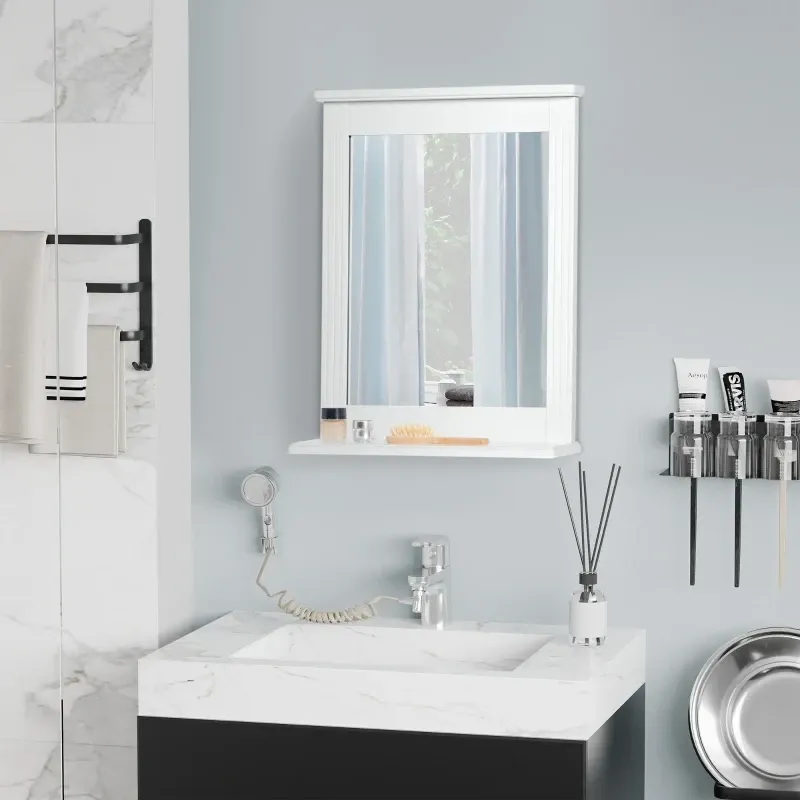 Badspiegel mit 1 Regal Modernes Design platzsparend MDF Glas Weiss