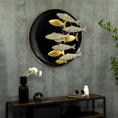 Wanddekoration mit Fischen 3D-Effekt Schwarz + Gold +Silber