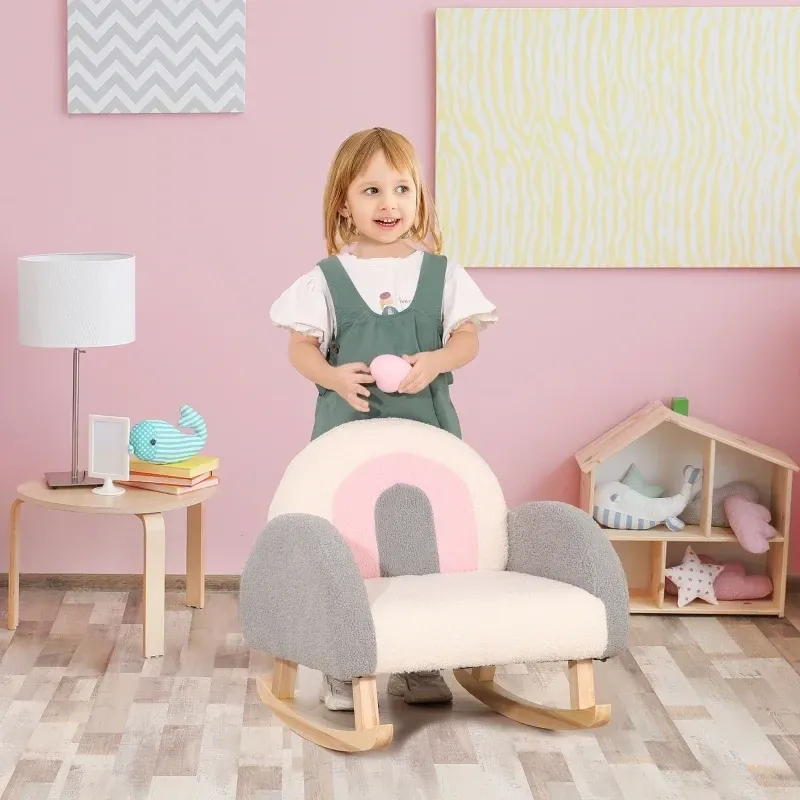 Schaukelstuhl, Sessel für Kinder, niedliches Design, Schaffell-Imitat, grau+rosa+creme