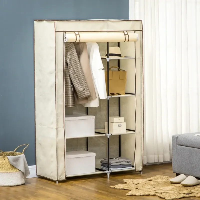 Schrank aus Stoff, Aufbewahrungslösung, 6 Regale, 1 Kleiderstange, Beige