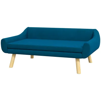 Hundesofabett im skandinavischen Design – weiches abnehmbares Kissen, Holzbeine – Blau