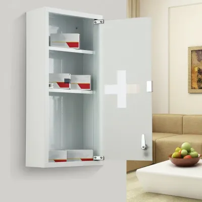 Erste-Hilfe-Schrank mit Schloss Apothekerschrank mit Mattglastür Stahl Weiss