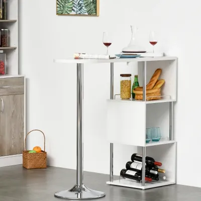 Bartisch mit 3 Ablageflächen und Weinregal, Stehtisch, Küchentisch, Weiss+Silber