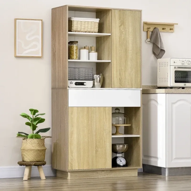 Küchenschrank, Buffetschrank, 3 versetzbare Einlegeböden, Schublade, Weiss+Holz