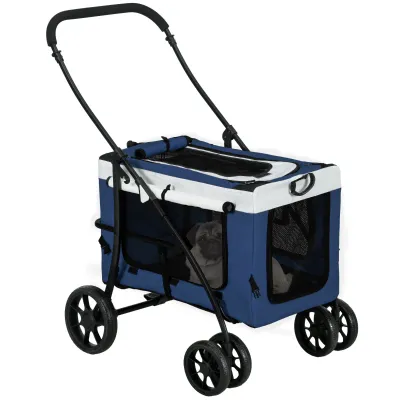 Hundbuggy Haustierbuggy Hundewagen klappbar – abnehmbarer Korb, bis 10kg, Schwarz/Blau/Weiss