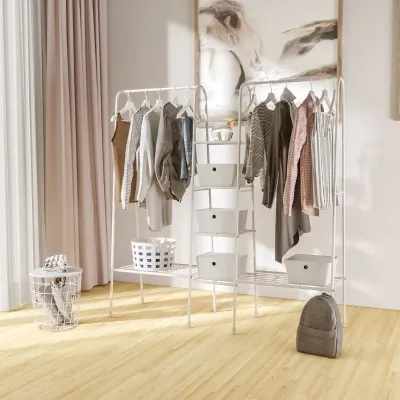 Garderobenständer mit 6 Ablagen Kleiderschrank Weiss Stahl