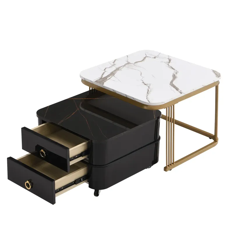 Beistelltisch-Set Hochglänzende Marmoroptik, Glasplatte, vergoldete Akzente und Schubladen, schwarz