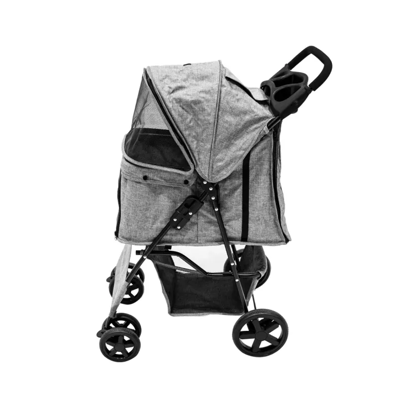 Pet Stroller, Hundebuggy, Haustierwagen – Gewebtes Grau, faltbar, 15 kg, Regenabdeckung, Bremsen
