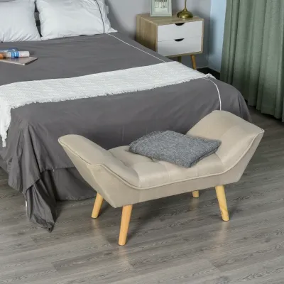 Polsterbank Retro Sitzbank Leinen Holzfüsse Beige