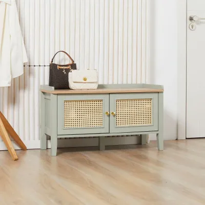 Sitzbank mit Stauraum, Schuhschrank mit Sitzbank, Rattangeflecht, Natur + Grün + Gold