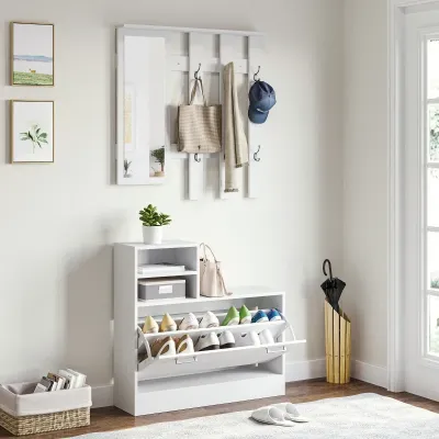 Garderoben-Set mit Spiegel, Schuhschrank, Sitzbank, 6 Doppelhaken, Hochglanzoberfläche, weiss