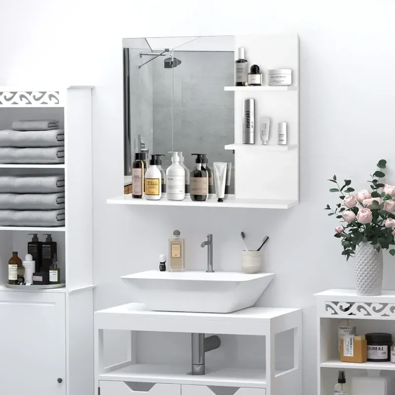 Badspiegel mit 3 Ablagen Wandspiegel Spiegelregal Badezimmer MDF Weiss