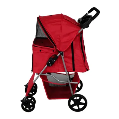 Pet Stroller, Hundebuggy, Haustierwagen – klappbar – Rot | 15 kg, Regenabdeckung, Bremsen, Korb