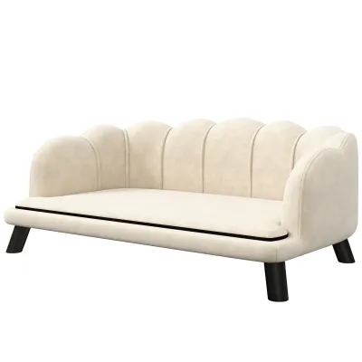 Hundesofa im Muscheldesign 98L x 60B x 35H cm mit flauschigem Kissen aus Velours Creme