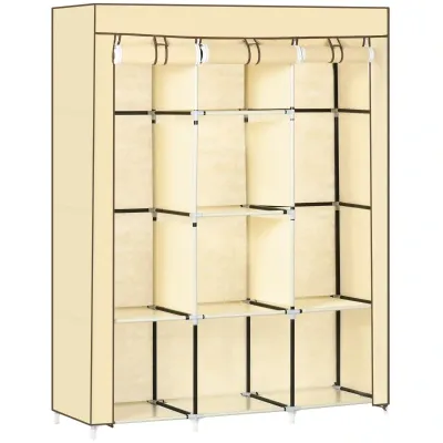 Schrank aus Stoff, Aufbewahrungslösung, 8 Regale, 2 Kleiderstangen, Beige
