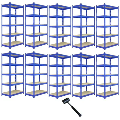 Set: 10 x Q‑Rax Lagerregal 120 x 50 x 182,5 cm, Blau – 5 Böden, 200 kg/Boden, schraubenlos, 9 mm MDF