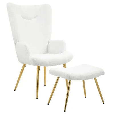 Ohrensessel mit Hocker Weiss, Sherpa-Bezug, vergoldete Metallbeine, bis 120 kg