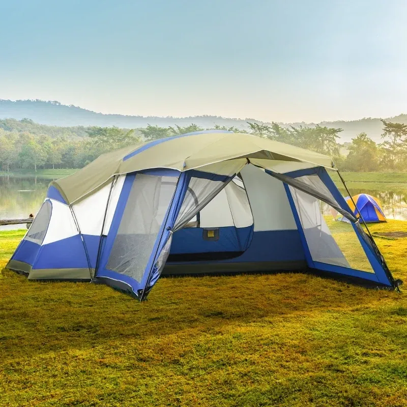 Campingzelt mit Vorzelt, für 6-8 Personen, Blau+Grün+Grau