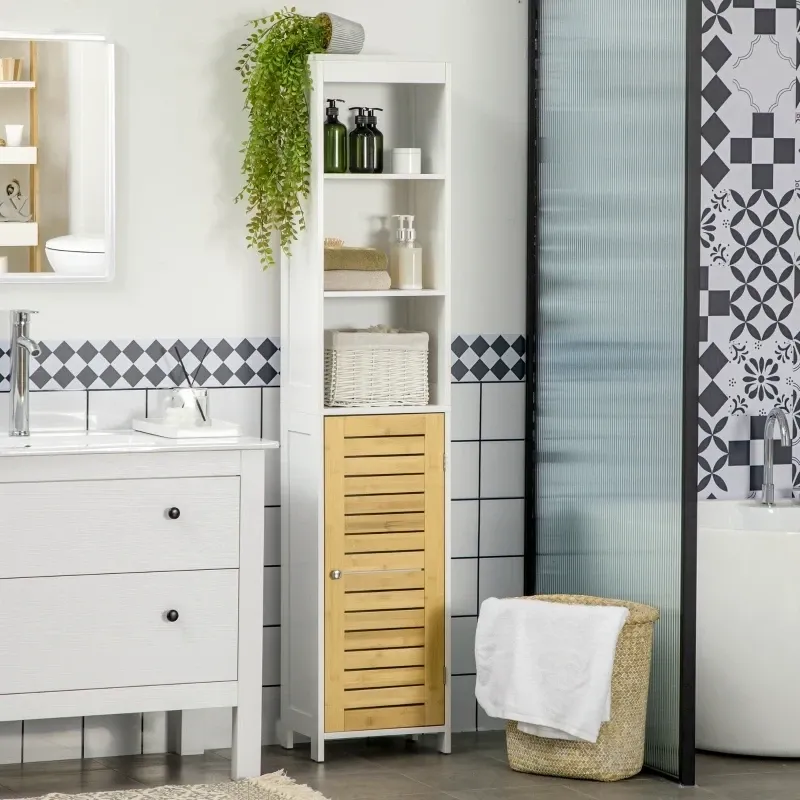 Badezimmerschrank, Badregal, 3 offene Fächer, Schrankfach mit Bambustüren, weiss