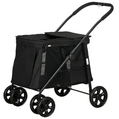 Hundetrolley, Hundebuggy klappbar – Kissen, 3 Taschen, Schwarz Hundetrolley, Hundebuggy klappbar – Kissen, 3 Taschen, Schwarz