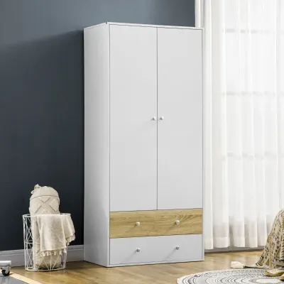 Kleiderschrank mit 2 Schubladen, 1 Kleiderstange, Weiss + Braun
