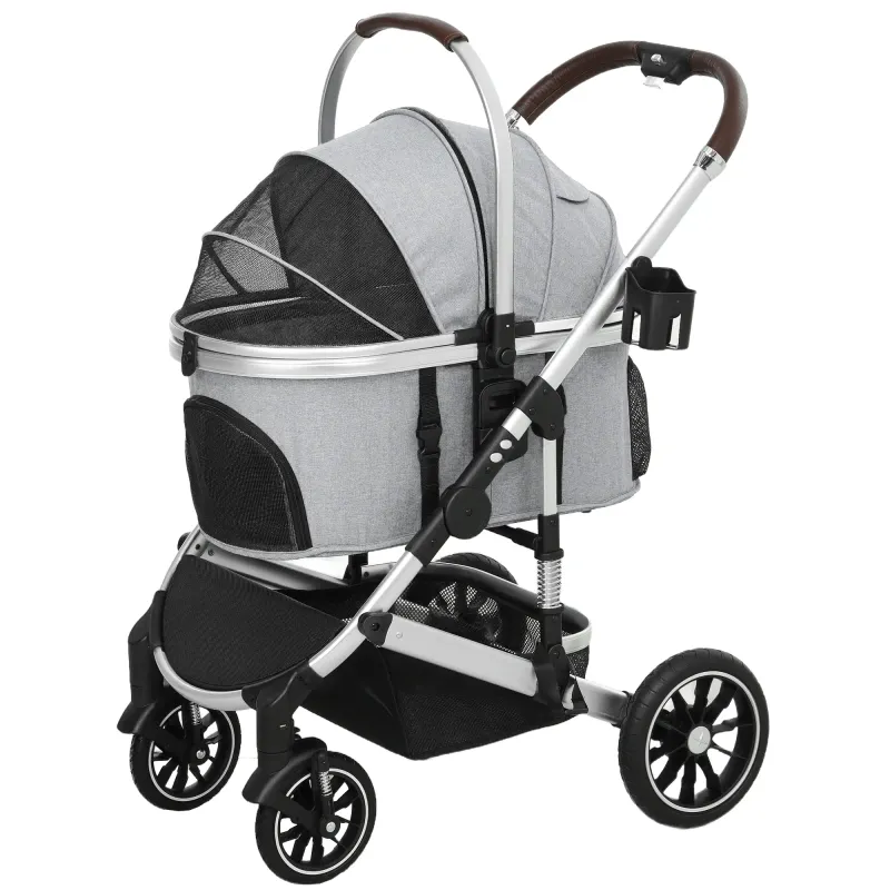 Hundebuggy Hundewagen 3-in-1 – klappbar, bis 10kg, Becherhalter, Hellgrau