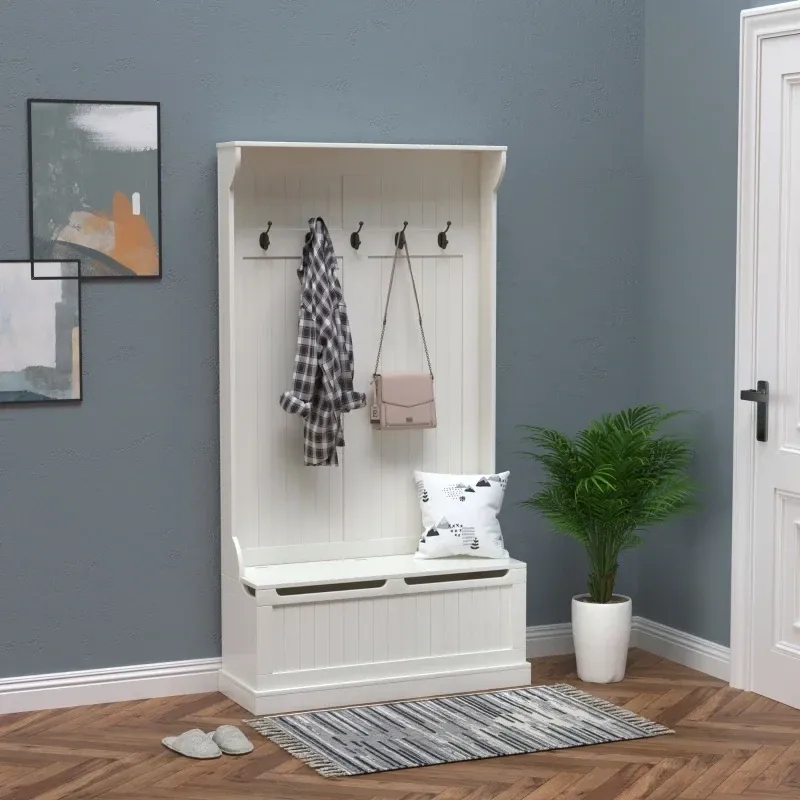 Garderobe mit Sitzbank, 5 Kleiderhaken, 1 Stauraum Weiss + Schwarz