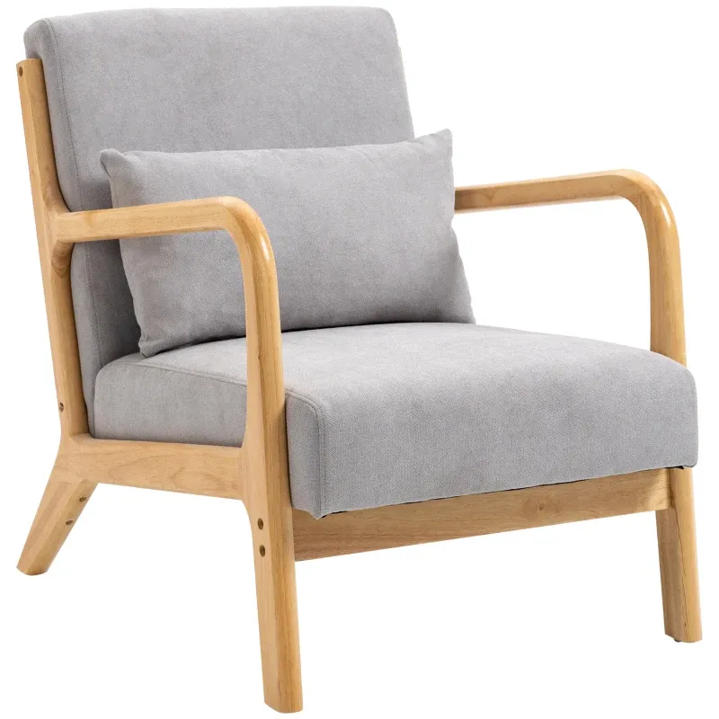 Eleganter Lounge‑Sessel, Samtoptik, Holzrahmen, Grau – 3 Kissen, 61L x 78B x 76H cm, 120 kg