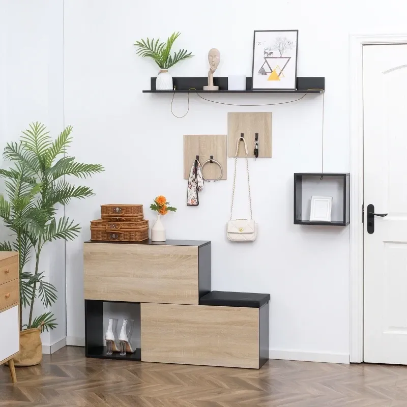4-in-1 Garderobe inkl. Schuhbank und Wandregal Schwarz + Natur