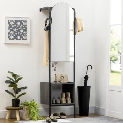 Garderobe, Spiegel, Schuhfach, 2 Kleiderhaken, obere Ablage, Stahlrahmen, schwarz,