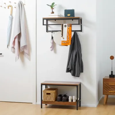 Garderobe im Industriedesign mit Schuhbank, 1 Hutablage, 4 Kleiderhaken, Braun + Schwarz