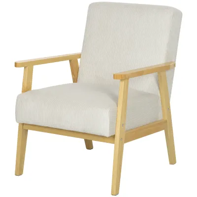 Moderner Sessel mit Armlehnen, mit Stoffbezug, aus Kautschukholz, Akzentsessel, trägt 120 kg, Cremeweiss
