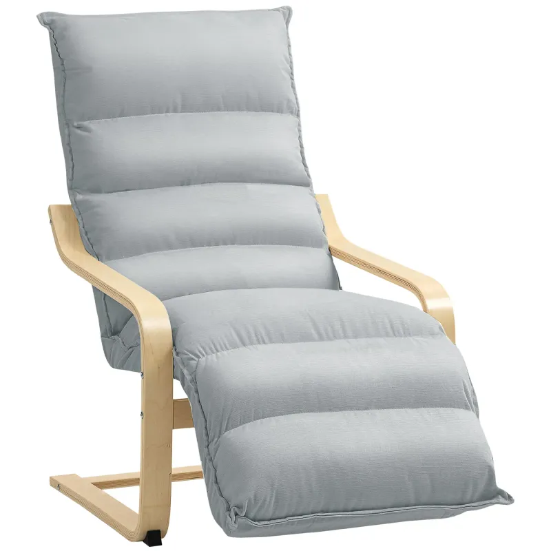 Lounge‑Sessel aus Birkenholz, verstellbare Fussstütze, Hellgrau – Samtoptik, 67B x 93–114T x 105H cm, 120 kg