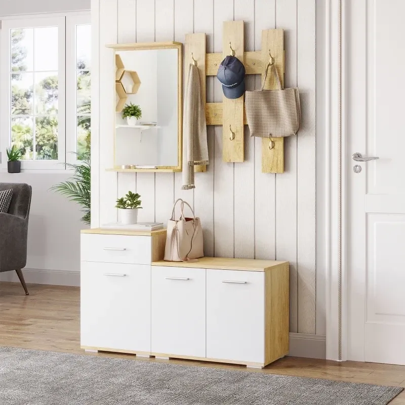3-tlg. Garderobe, mit Spiegel, 6 Doppelhaken, zwei Schuhschränken, Sitzfläche, Holzoptik + weiss