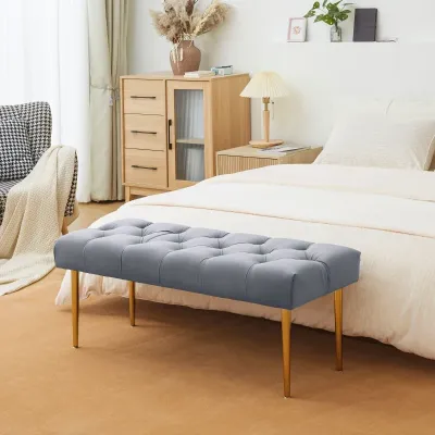 Sitzbank im Tufting-Design, Bezug in Samtoptik, Stahlbeine, hellgrau,