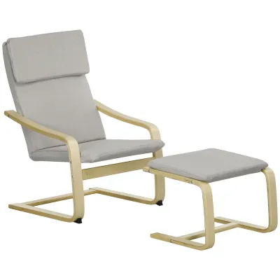 Loungesessel mit Hocker Hellgrau/Natur Leinenoptik, Holzrahmen, bis 120 kg