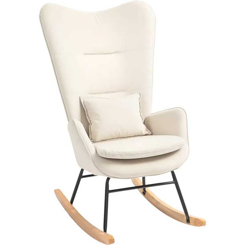 Schaukelstuhl, weicher Bezug in Samtoptik, mit Lendenkissen, bis 120 kg, 67 x 85 x 112 cm, Cremeweiss
