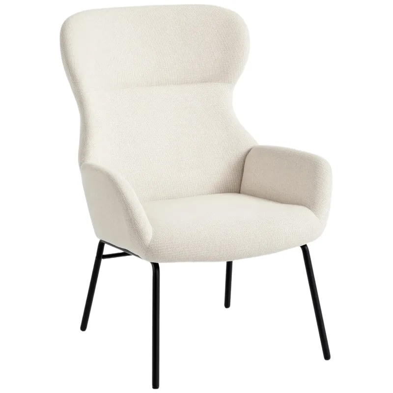 Moderner Polsterstuhl im Ohrenbacken‑Stil, hohe Rückenlehne, Stahlbeine, Cremeweiss – 70B x 74,5T x 103,5H cm