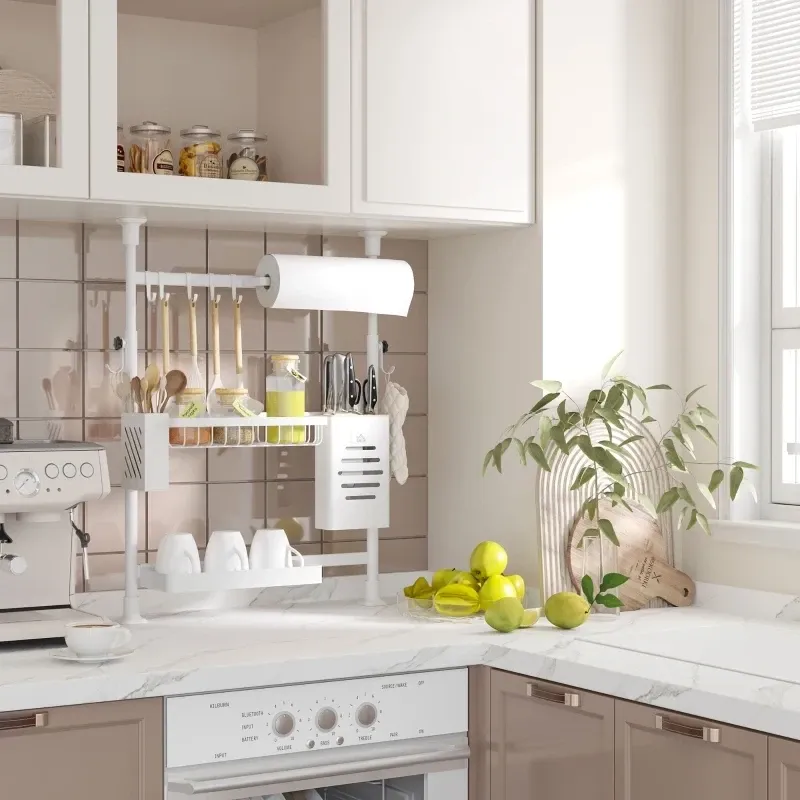 Abtropfgestell, höhenverstellbar, mit Küchenrollenhalter, Messerhalter, Haken, rostfreier Metallrahmen, Weiss