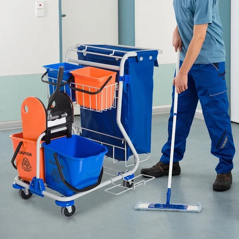 Putzwagen Reinigungswagen 4 Fahreimer mit Rollen Blau-Orange