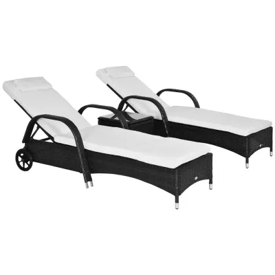 3er Set Sonnenliege mit Rollen + Tisch Polyrattan Schwarz